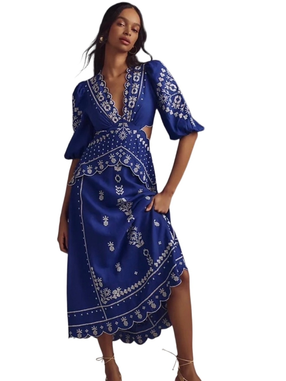 Farm Rio Blue Embroidered V-Neck Midi Dress